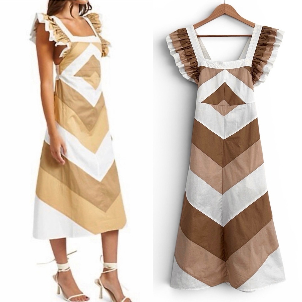 Sofie the Label Women Small Khaki Tan White 100% Cotton Ruffle Jamie Midi Dress